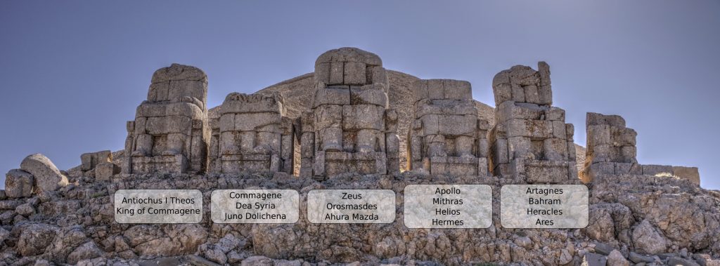  Soldan sağa oturan figürler:   Kommagene Kralı Antiochus, Kommagene Tanrıçası, Zeus-Orosmasdes-Ahura Mazda, Apollo-Mithras-Helios-Hermes ve Artagnes-Bahram-Herakles-Ares. 